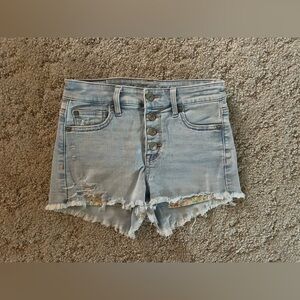 American Eagle Light Blue Distressed Jean Shorts with floral pockets, size 00.